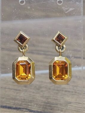 Vintage Christian Dior Mini Rectangular Orange Dangle 14k Gold Post Earrings